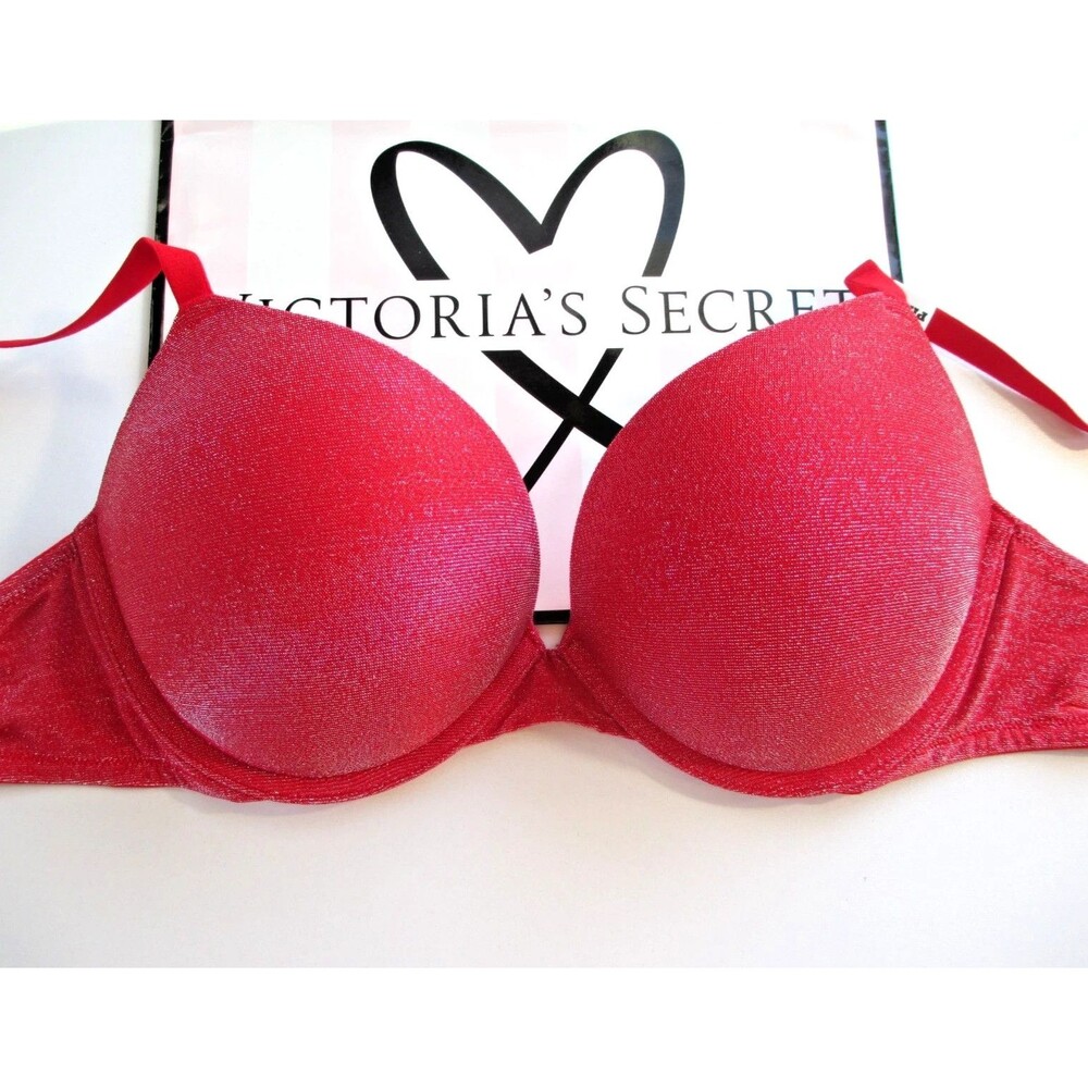 Victoria Secret PINK Wear Everywhere SUPER PUSH-UP Bombshell Bra 36DD Red Shine